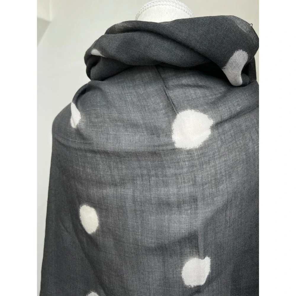 Galeries Lafayette Scarf Gray White Polka Dot Wool Frayed Fringe Wrap Shawl
